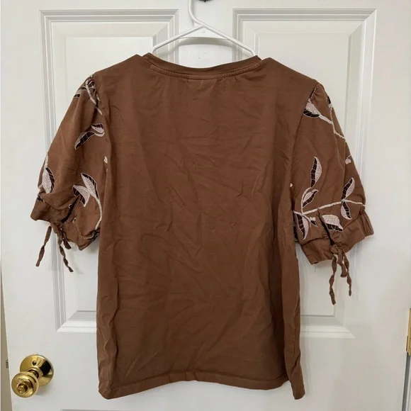 Joie Brown Puff Sleeve Blouse with Embroidery - Picture 6 of 6